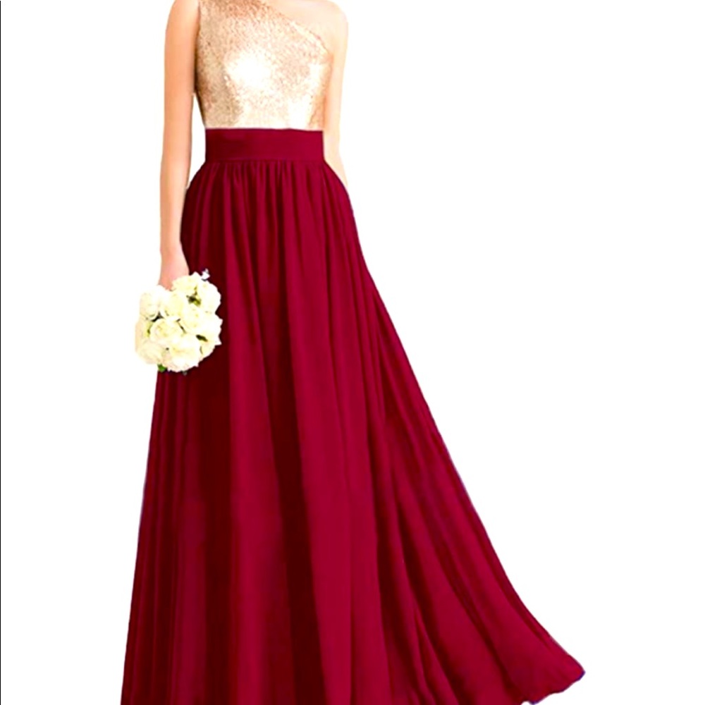Rose gold and red bridesmaid dress/gown